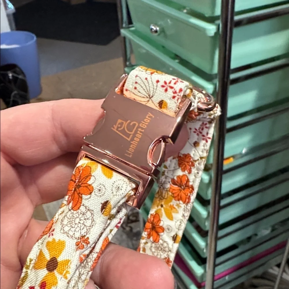 Floral Fabric collar puppy dog small Orange Yellow Flowersrose gold hardware NEW
